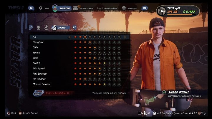 Basic skills can be developed with the points - Tony Hawks Pro Skater 1+2: Shane ONeill guide, skills - New skaters - Tony Hawks Pro Skater 1+2 Guide
