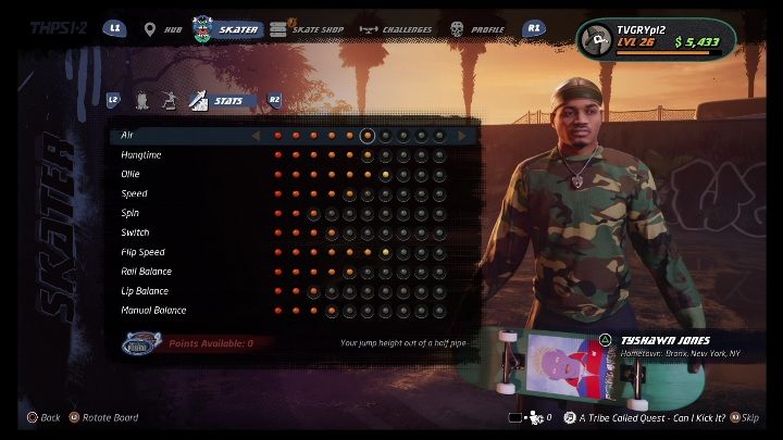 Basic skills can be developed with the points - Tony Hawks Pro Skater 1+2: Tyshawn Jones guide, skills - New skaters - Tony Hawks Pro Skater 1+2 Guide