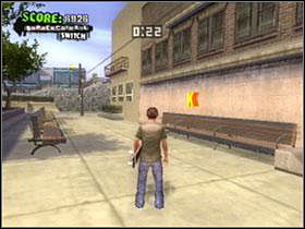 K-Above bench in the small avenue - Santa Cruz - Game Guide - Tony Hawks American Wasteland Game Guide