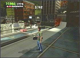 Jump off from the roof of the big building to glass roof - Ruins - Game Guide - Tony Hawks American Wasteland Game Guide