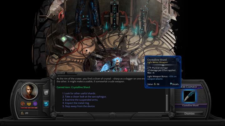 Talk to the companions and search the chamber-you can pick up one of the shards, among other things, from the ground - Fallen To Earth - main quest walkthrough | Reef of the Fallen World - Sagus Cliffs: Reef of the Fallen World - Torment: Tides of Numenera Game Guide