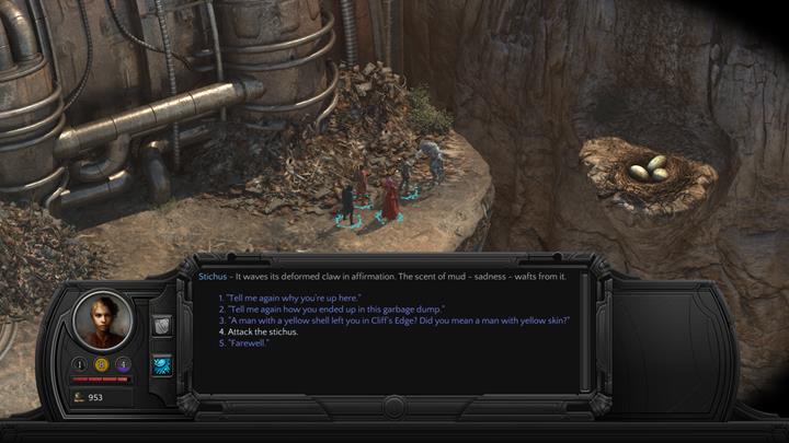 You can kill the beast during the conversation - Hidden Enemy - side quest walkthrough | Cliffs Edge - Sagus Cliffs: Cliffs Edge - Torment: Tides of Numenera Game Guide