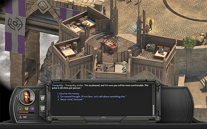 To rest, the party has to pay 20 shins per person. - Caravanserai Map - M7 - Sagus Cliffs: Caravanserai - Torment: Tides of Numenera Game Guide