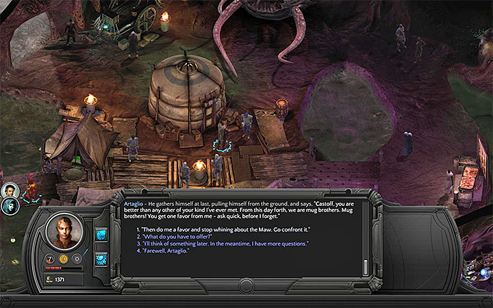 You can encourage Artaglio to go to the Maw. - Dracogens Price - main quest walkthrough | Memoviras Courtyard - Bloom: Memoviras Courtyard - Torment: Tides of Numenera Game Guide