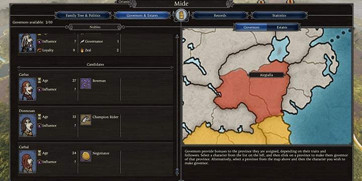 You can assign governors in the faction window, in the governors & estates tab. Red fields are estates without a governor. Only one candidate is suitable for the task. Cathal is a Negotiator, which translates into higher profits from the estate. - Governors in Total War Saga Thrones of Britannia - Provincial Governance - Total War Saga: Thrones of Britannia Game Guide