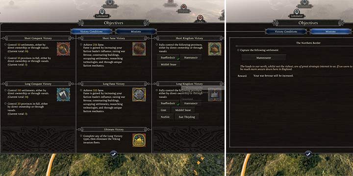 The first tab will allow you to learn what are the conditions for short, long and ultimate victory - Interface in Total War Saga Thrones of Britannia - Starting tips - Total War Saga: Thrones of Britannia Game Guide