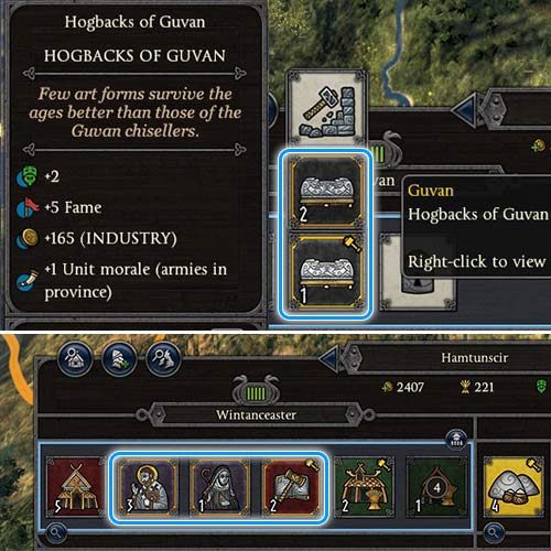 Special buildings always have a golden boarder around the icon. Sometimes factions can construct such buildings in their capital cities or after conquering a specific province. Such bonuses always offer better or unique bonuses to your faction. - How to develop your province in the right way in Total War Thrones of Britannia? - Provincial Governance - Total War Saga: Thrones of Britannia Game Guide