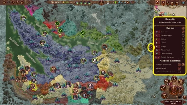 It puts colors on the world map and shows a broader perspective - Total War Warhammer 3: User Interface - Campaign Map - Total War Warhammer 3 Guide