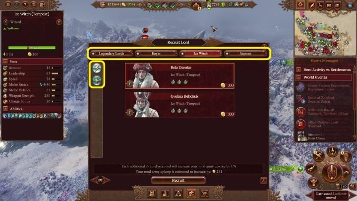 At the very top of the tab, you can choose the type of lord who will lead your army - Total War Warhammer 3: Army - Recruitment and replenishment - Military - Total War Warhammer 3 Guide