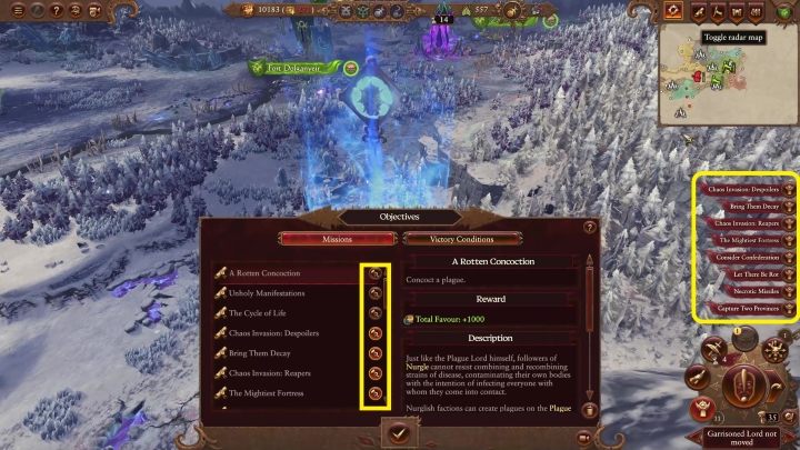 If you go to the Objectives tab, you will see a list of active and completed tasks (on the left) and a description of the selected mission (on the right) - Total War Warhammer 3: Objectives, missions, victory conditions - Basics - Total War Warhammer 3 Guide