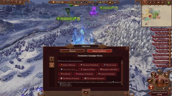 If you select the Victory Conditions tab, you will be able to view your campaign objectives and track your progress in completing them - Total War Warhammer 3: Objectives, missions, victory conditions - Basics - Total War Warhammer 3 Guide
