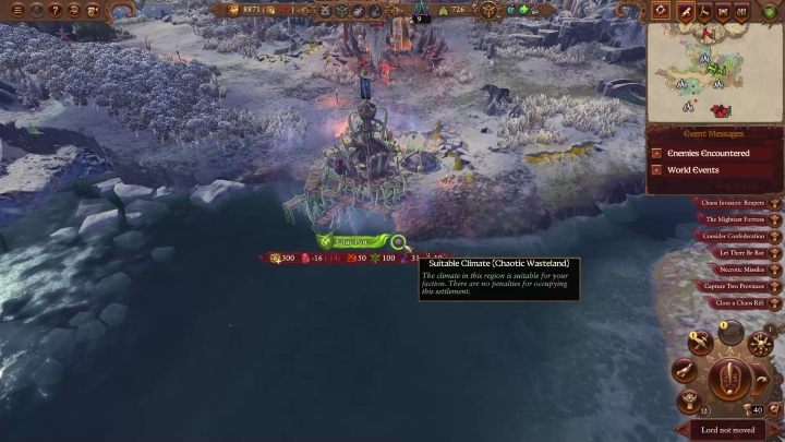 You will know where your faction should live by the colored circles next to the name of the settlement - Total War Warhammer 3: Settlement development, buildings and climate - Basics - Total War Warhammer 3 Guide