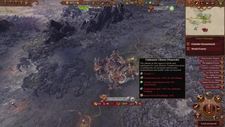 If you settle on orange and red territories, you'll face some penalties - Total War Warhammer 3: Settlement development, buildings and climate - Basics - Total War Warhammer 3 Guide