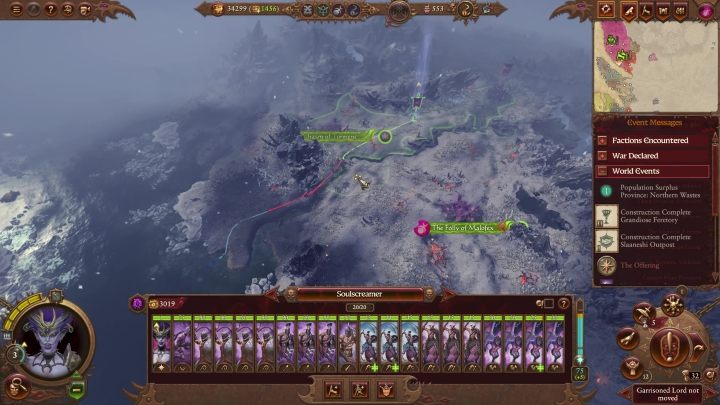 When traveling longer routes a multi-colored arrow will appear, with its colors indicating how many turns you need to complete the journey - green signifies how far you can move during this turn - Total War Warhammer 3: Movement - Campaign Map - Total War Warhammer 3 Guide