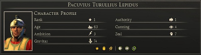 This window shows also traits and household of the given character and his skills - Domestic policy | Politics - Politics - Total War: Rome II Game Guide
