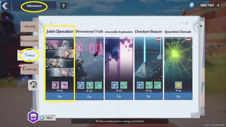 To start the Joint Operation, you must first enter the Adventure menu (upper-right corner), then the Select tab - Tower of Fantasy: Joint Operation - Adventure - Tower of Fantasy Guide