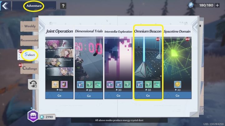 To start the Omnium Beacon mode you must first enter the Adventure menu (upper-right corner), then the Select tab - Tower of Fantasy: Omnium Beacon - Adventure - Tower of Fantasy Guide