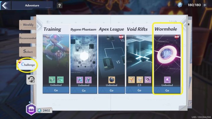 To start the Wormhole mode you must first enter the Adventure menu (upper-right corner), then the Challenge tab - Tower of Fantasy: Wormhole - Adventure - Tower of Fantasy Guide