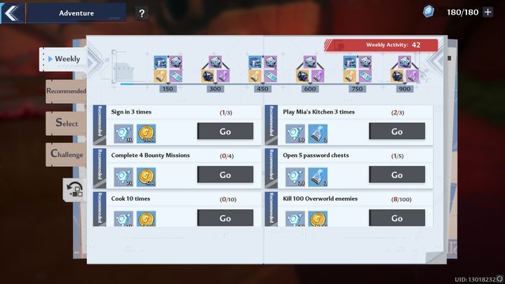 The Weekly tab offers a number of challenges - completing them will give you various rewards, including gold, materials for upgrading weapons, but also Activity points - Tower of Fantasy: Adventure - list of all, tips - Adventure - Tower of Fantasy Guide