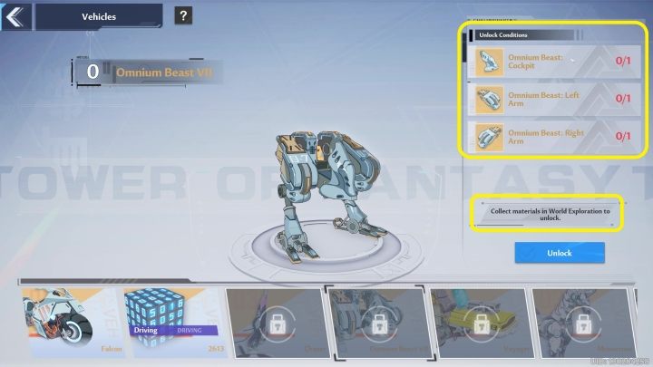 If you select a vehicle from the list, on the right you will see the number of parts you need to obtain to unlock it - Tower of Fantasy: Vehicles - list of all, how to unlock? - Basics - Tower of Fantasy Guide