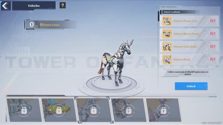 To unlock the Monocross, which is a unicorn-shaped vehicle, you have to obtain 4 parts - Tower of Fantasy: Vehicles - list of all, how to unlock? - Basics - Tower of Fantasy Guide