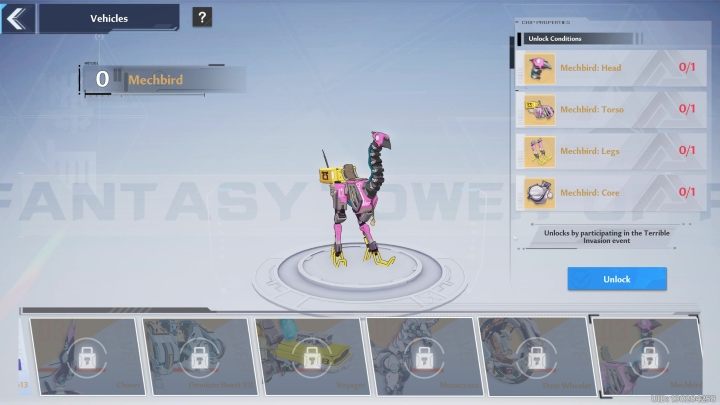 Mechbird parts only appear during Terrible Invasion event - Tower of Fantasy: Vehicles - list of all, how to unlock? - Basics - Tower of Fantasy Guide
