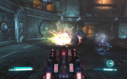 Get on the catwalk and start moving to the right and continue along the road with arrows - Chapter 3 - Metroplex Heeds the Call - p. 1 - Walkthrough - Transformers: Fall of Cybertron Game Guide & Walkthrough