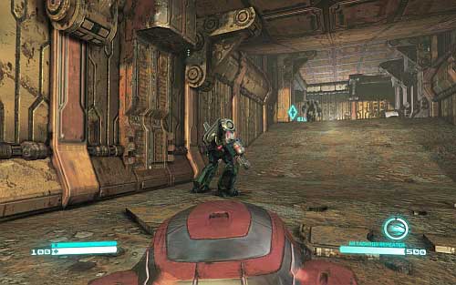 In the next room quickly hide your character on the left side of the catwalk (you can also activate cloak) and wait until enemies will pass by - Chapter 4 - Eye of the Storm - p. 2 - Walkthrough - Transformers: Fall of Cybertron Game Guide & Walkthrough