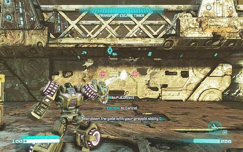 Use grappler to destroy doors (picture) and start moving forward - Chapter 7 - Belly of the Beast - Walkthrough - Transformers: Fall of Cybertron Game Guide & Walkthrough
