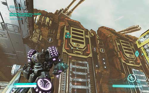 Return to the lever, pull it and use grapple on the metal shield under the gun (picture) - Chapter 8 - Combaticons Combine! - Walkthrough - Transformers: Fall of Cybertron Game Guide & Walkthrough