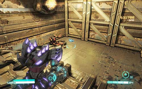 After the fight with Titan stand on the platform on the right (that same which you have used to attack enemy) and look at the room behind the bars on the right - Chapter 10 - The Final Counton - p. 2 - Walkthrough - Transformers: Fall of Cybertron Game Guide & Walkthrough