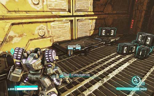 When you get to the two round platforms in the air, jump on the higher one, turn back and use grapple to get on the higher catwalk - Chapter 8 | Audio Logs - Audio Logs - Transformers: Fall of Cybertron Game Guide & Walkthrough