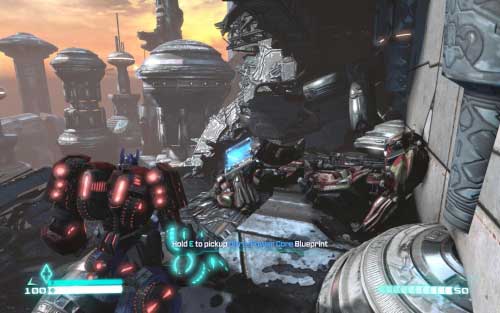 When you pass through the staircase pass through the doors, on the intersection turn left, stand on the blue laser and when you get higher stand marching to the left - Chapter 3 | Blueprints - Blueprints - Transformers: Fall of Cybertron Game Guide & Walkthrough