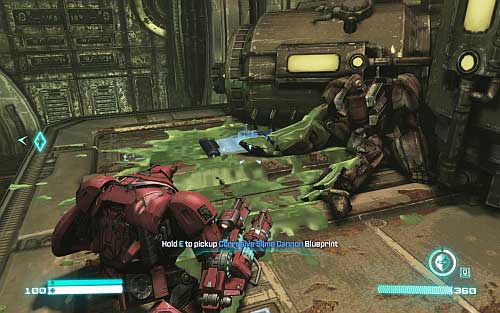 Silently kill enemy working on the computer, get at the top of the catwalk, turn left and move to the end of the path - Chapter 4 | Blueprints - Blueprints - Transformers: Fall of Cybertron Game Guide & Walkthrough