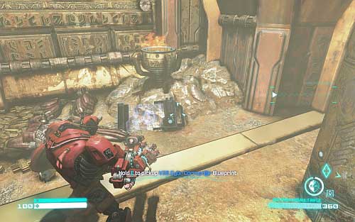 When you leave the tunnel behind laser gate move forward, pass around the corner and get to the wall on the left side - Chapter 4 | Blueprints - Blueprints - Transformers: Fall of Cybertron Game Guide & Walkthrough