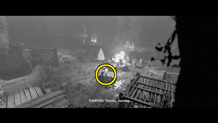 In the central part of the village, examine the inside of the building to the left of the big bonfire - Trek to Yomi: Chapter 4 - walkthrough - Walkthrough - Trek to Yomi Guide