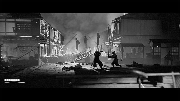 Climb the wooden structure next to the burning building on the left and move to the right - Trek to Yomi: Chapter 3 - walkthrough - Walkthrough - Trek to Yomi Guide