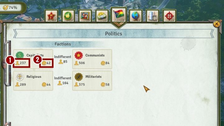 It is possible to learn about the popularity of individual factions thanks to the Almanac - With which factions is it best to have good relations in Tropico 6? - FAQ - Tropico 6 Guide