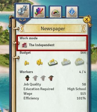 This will open a panel with a list of available operating modes [1] - How to change the building operation mode in Tropico 6? - FAQ - Tropico 6 Guide