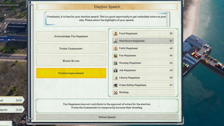 The list of available promises. - Politics and constitution in Tropico 6 - Mechanics - Tropico 6 Guide