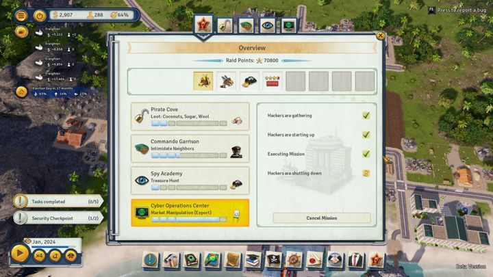 The main panel with information about all current Raids. - Raids | Mechanics in Tropico 6 - Mechanics - Tropico 6 Guide