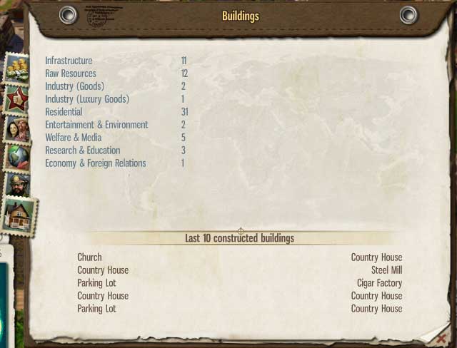 This screen contains a list of all the buildings on the island - 6. Almanac - Tropico 5 - Game Guide and Walkthrough
