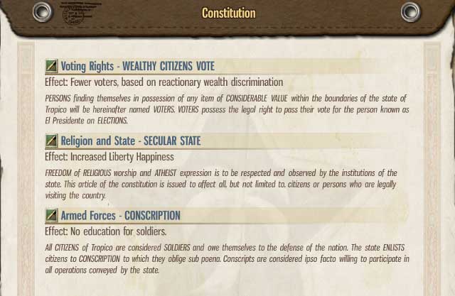 In this era you have three options: Voting Rights, Religion and State, Armed Forces - 10. Constitution - Tropico 5 - Game Guide and Walkthrough