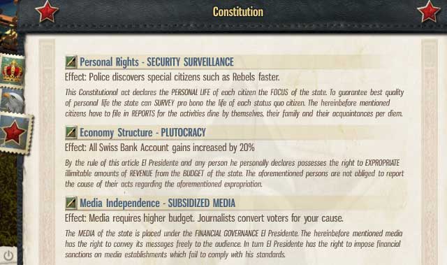The Cold War era brings another three articles: Personal Rights, Economy Structure and Media Independence - 10. Constitution - Tropico 5 - Game Guide and Walkthrough