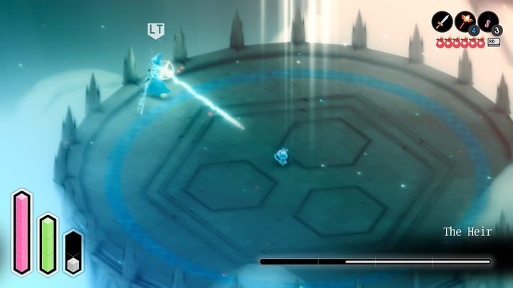 In addition, The Heir fires a series of three homing missiles flying in a straight line and also launches projectiles which fall from the sky into places marked with a characteristic circle usually straight onto the fox - Tunic: The Heir - boss, how to beat? - Bosses - Tunic Guide