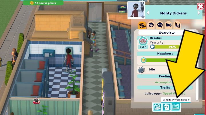To send a student for tutoring, select the student you are interested in or click on their character model on the map - Two Point Campus: Grades - how to improve? - FAQ - Two Point Campus Guide