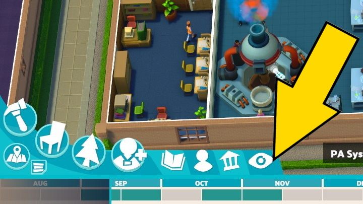 Here you can go to the visualisation screen, which will show you the general statistics, satisfaction and area of operation of the given objects, all divided into various categories - Two Point Campus: User interface - Basics - Two Point Campus Guide