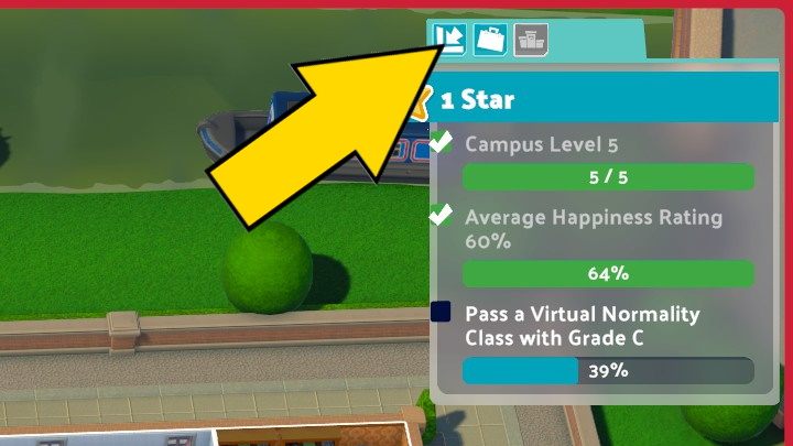 This button hides or shows the mission objectives panel - Two Point Campus: User interface - Basics - Two Point Campus Guide