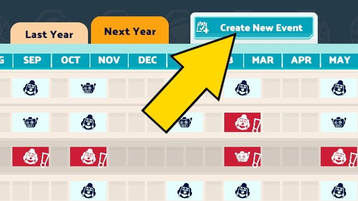 Then press the Create New Event button to go to the list of possible events and contests - Two Point Campus: Events and timetable - Basics - Two Point Campus Guide