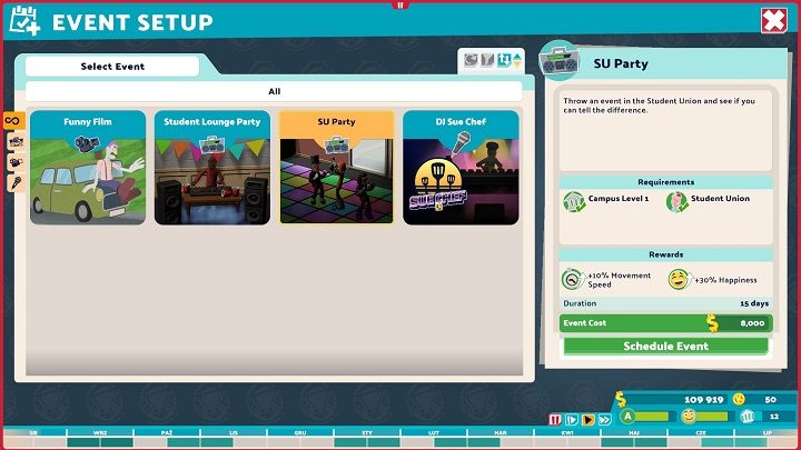 Choose an event that interests you and then set a date on the timeline - Two Point Campus: Events and timetable - Basics - Two Point Campus Guide